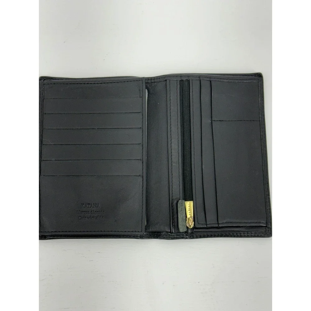 Katana Mens Black Leather Trifold Wallet Vertical Zip Pocket ID Windows